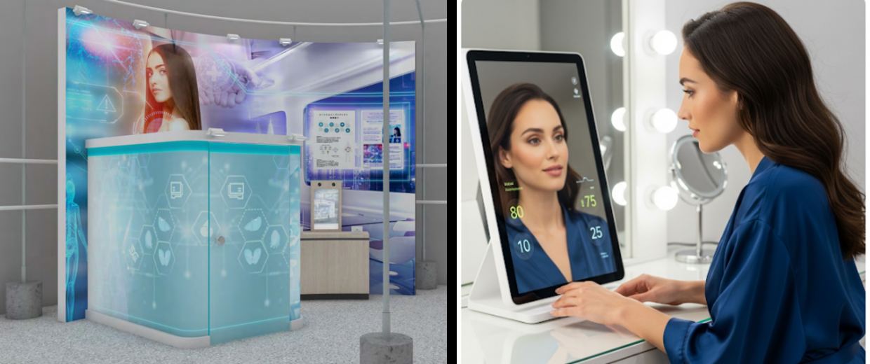 Experience a Future Health Checkup Integrated into Everyday Life exhibited at the Osaka-Kansai Expo, and a mirror-style digital sign